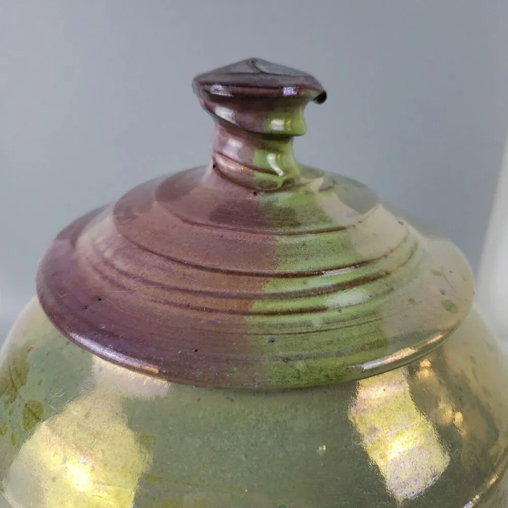 Studio Art Pottery Ginger Jar Lidded Iridescent Glaze Canister Swirl Signed 1991